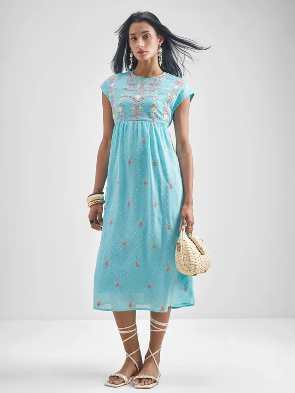 Vishudh Women Blue Embroidered A-Line Dress