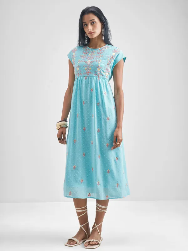 Vishudh Women Blue Embroidered A-Line Dress
