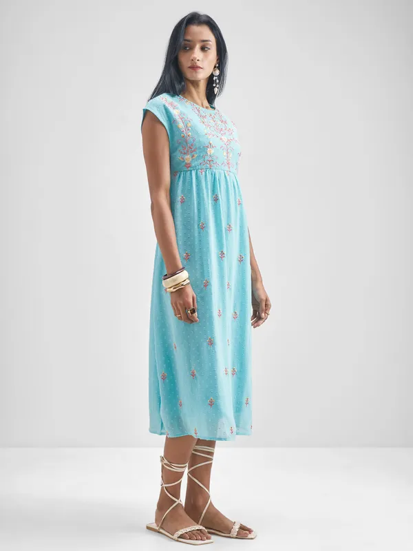 Vishudh Women Blue Embroidered A-Line Dress