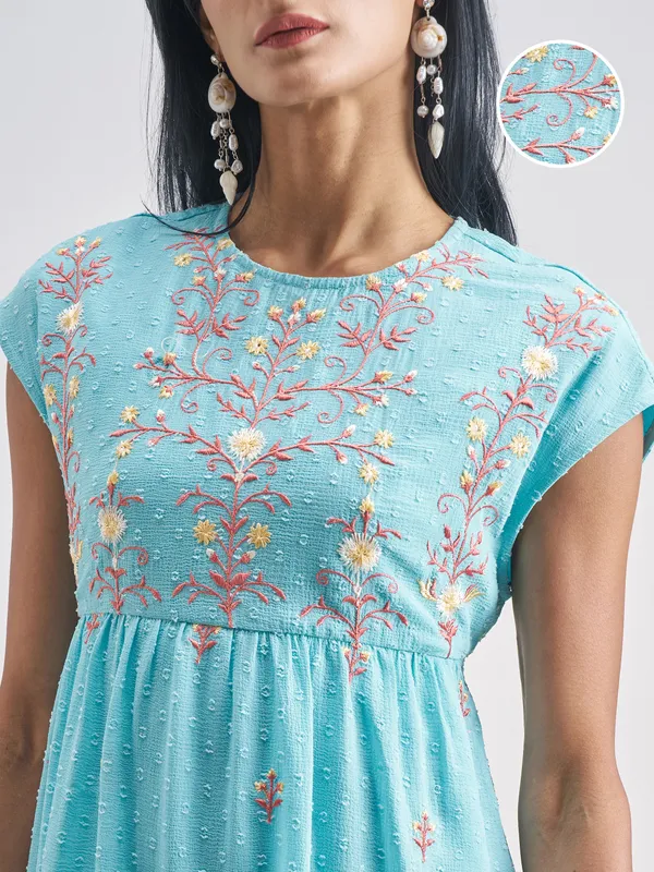Vishudh Women Blue Embroidered A-Line Dress