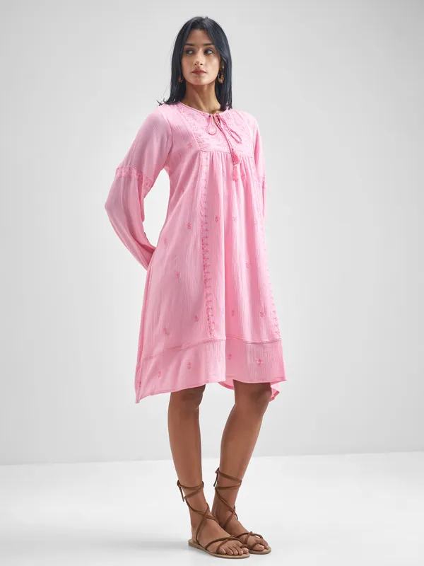 Vishudh Women Pink Embroidered A-Line Dress