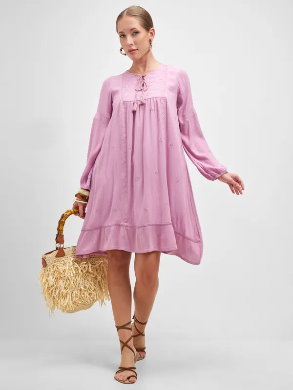 Vishudh Women Mauve Embroidered A-Line Dress