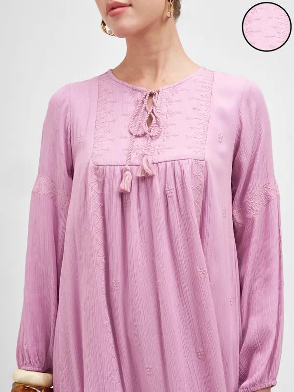 Vishudh Women Mauve Embroidered A-Line Dress
