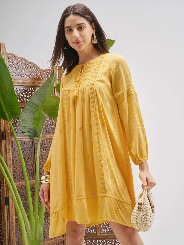 Vishudh Women Yellow Embroidered Fit and Flare Dress