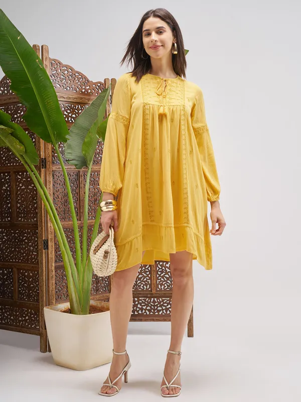 Vishudh Women Yellow Embroidered Fit and Flare Dress