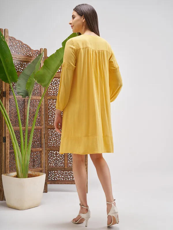 Vishudh Women Yellow Embroidered Fit and Flare Dress