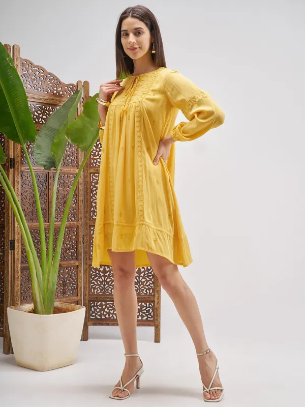 Vishudh Women Yellow Embroidered Fit and Flare Dress