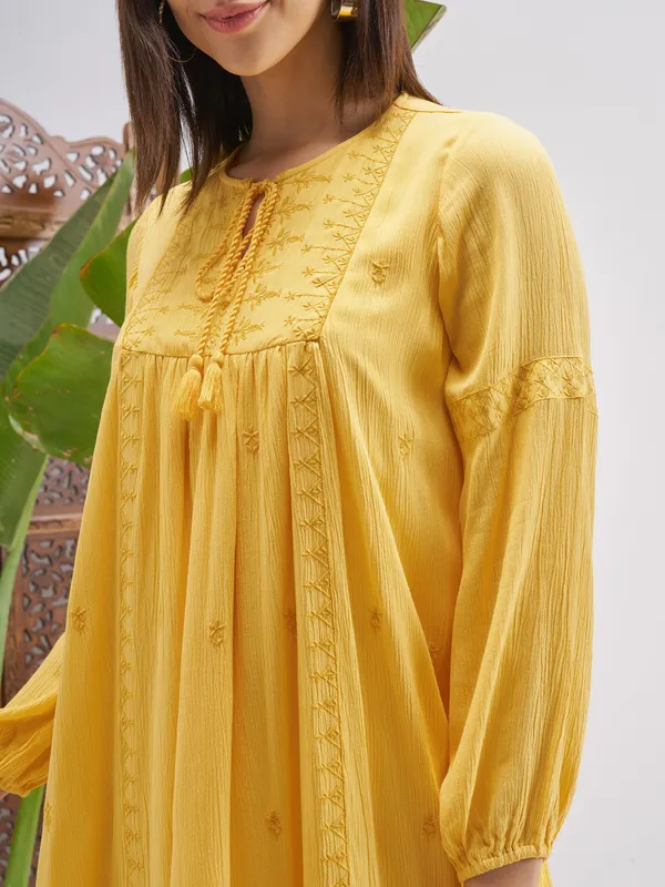 Vishudh Women Yellow Embroidered Fit and Flare Dress