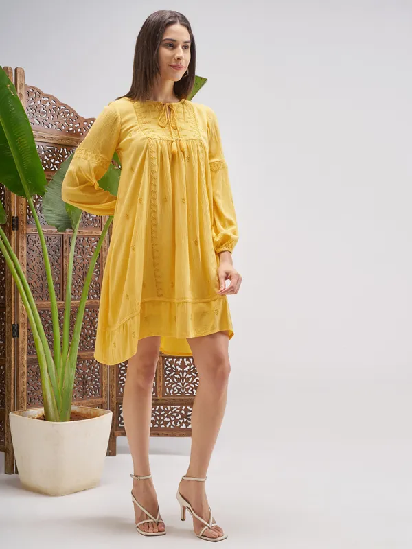 Vishudh Women Yellow Embroidered Fit and Flare Dress