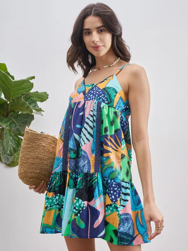 Vishudh Women Blue Printed A-Line Dress