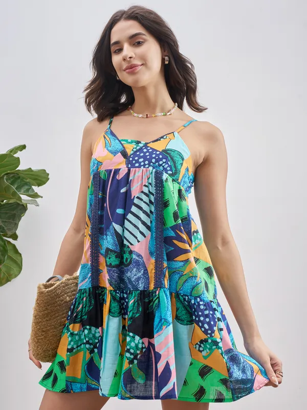 Vishudh Women Blue Printed A-Line Dress