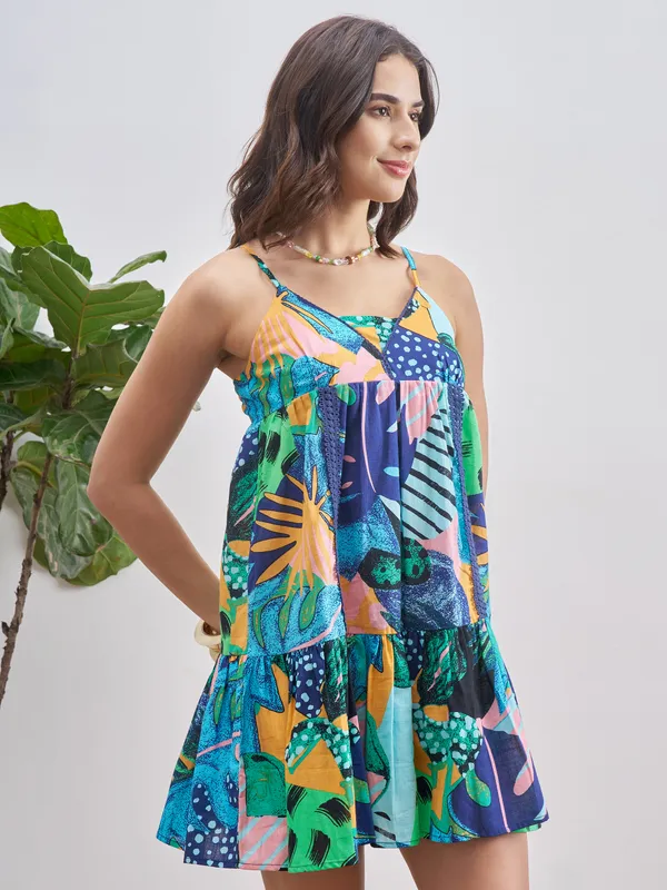 Vishudh Women Blue Printed A-Line Dress