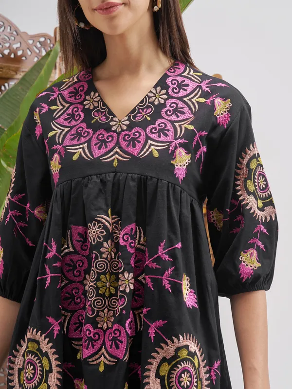 Vishudh Women Black Printed Fit and Flare Dress