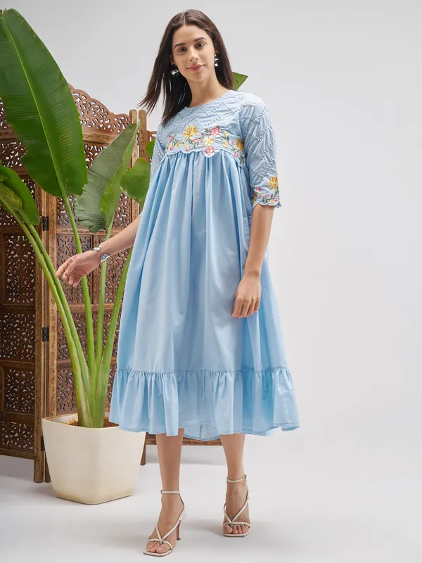 Vishudh Women Blue Embroidered Fit and Flare Dress