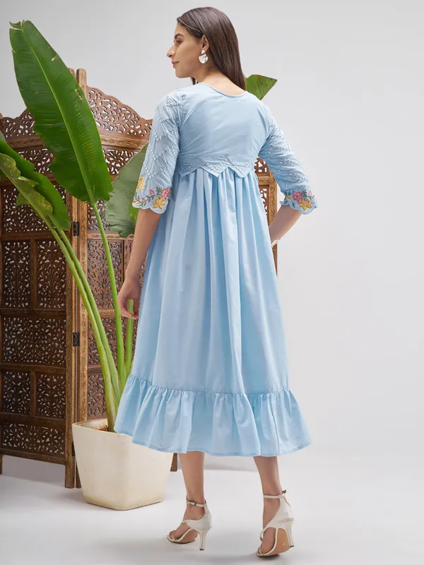 Vishudh Women Blue Embroidered Fit and Flare Dress