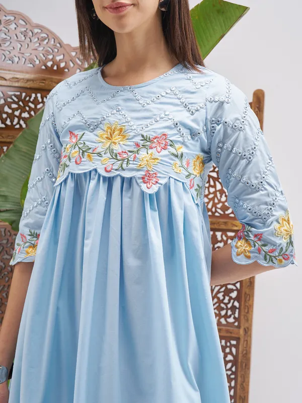 Vishudh Women Blue Embroidered Fit and Flare Dress