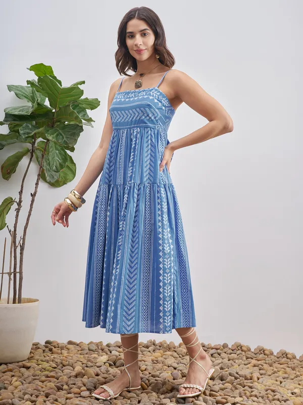 Vishudh Women Blue Self Design A-Line Dress