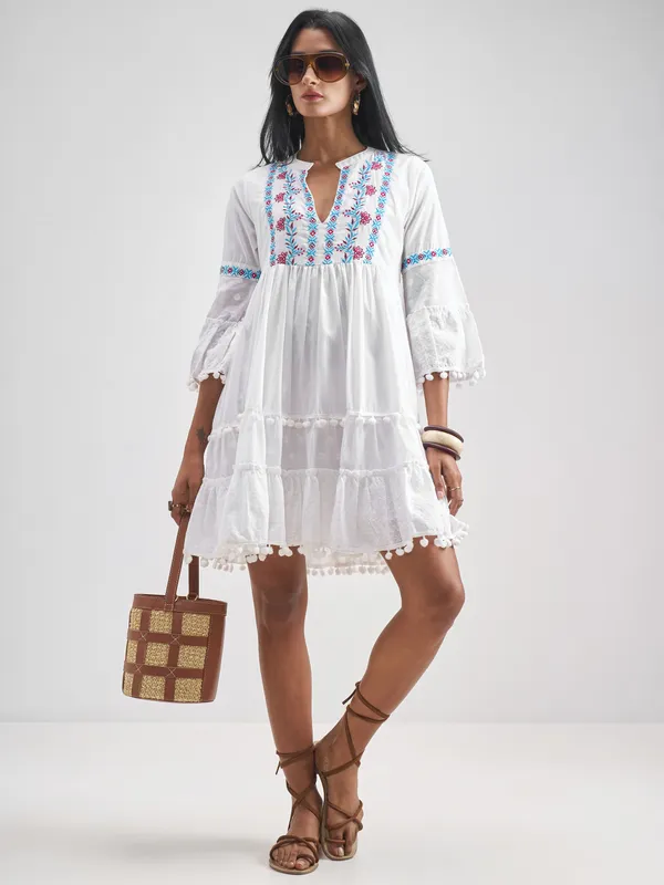 Vishudh Women White Embroidered Fit and Flare Dress