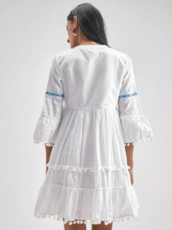 Vishudh Women White Embroidered Fit and Flare Dress