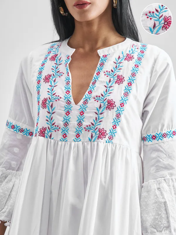 Vishudh Women White Embroidered Fit and Flare Dress