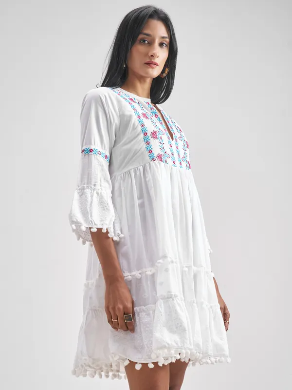 Vishudh Women White Embroidered Fit and Flare Dress