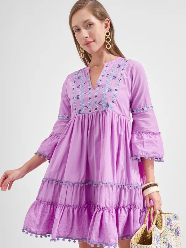 Vara By Vishudh Women Lavender Embroidered Fit and Flare Dress