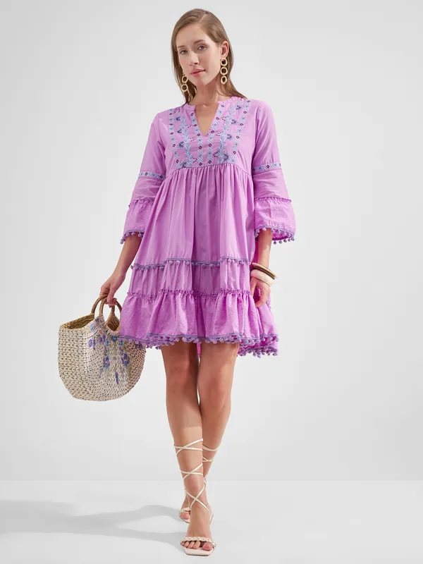Vara By Vishudh Women Lavender Embroidered Fit and Flare Dress