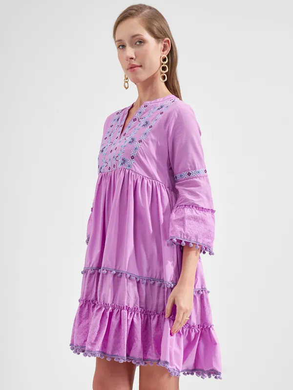 Vara By Vishudh Women Lavender Embroidered Fit and Flare Dress
