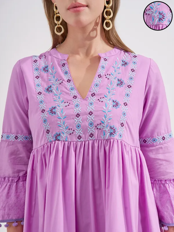 Vara By Vishudh Women Lavender Embroidered Fit and Flare Dress