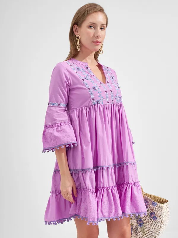 Vara By Vishudh Women Lavender Embroidered Fit and Flare Dress