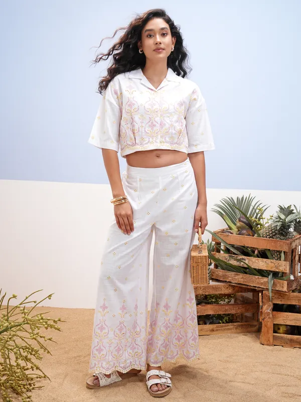 Vara By Vishudh Women White Schiffli Co-Ord Set With Notch Collar Crop Top And Wide Palazzo