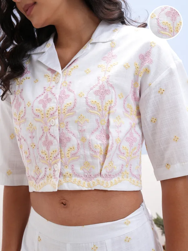 Vara By Vishudh Women White Schiffli Co-Ord Set With Notch Collar Crop Top And Wide Palazzo
