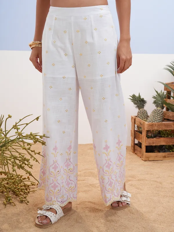 Vara By Vishudh Women White Schiffli Co-Ord Set With Notch Collar Crop Top And Wide Palazzo