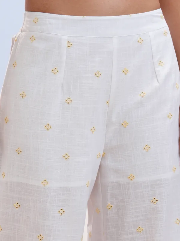 Vara By Vishudh Women White Schiffli Co-Ord Set With Notch Collar Crop Top And Wide Palazzo