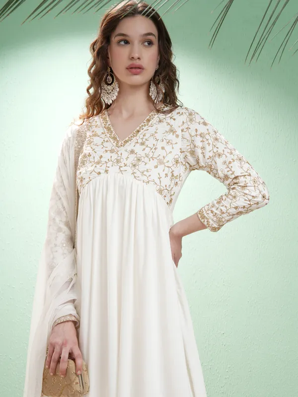 Vishudh Women Off White Embroidered Maxi Dress
