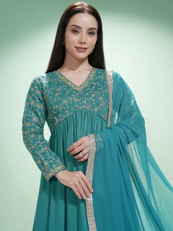 Vishudh Women Teal Embroidered Maxi Dress