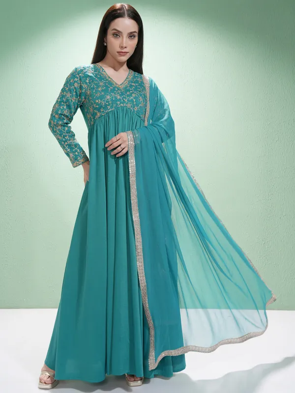 Vishudh Women Teal Embroidered Maxi Dress