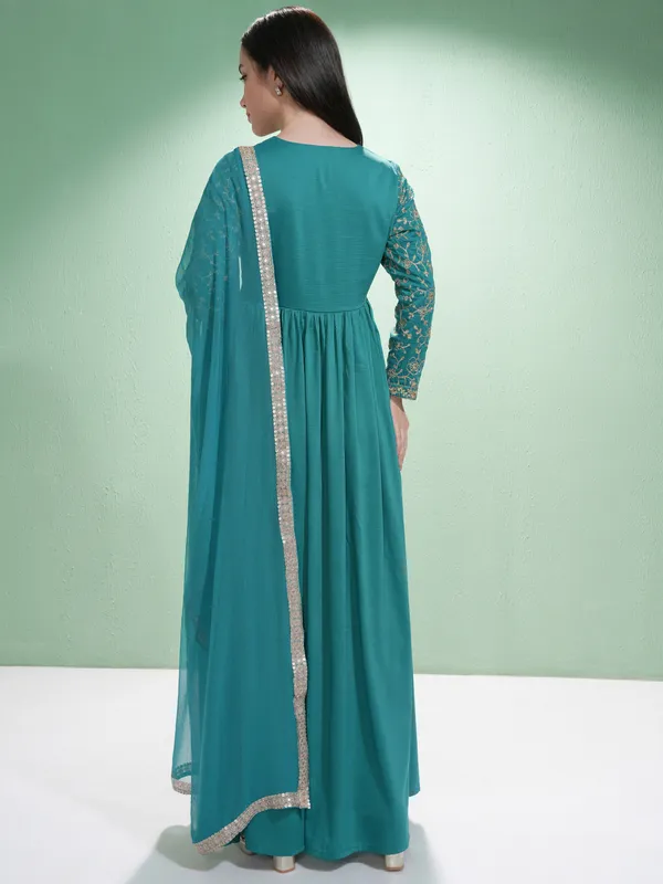 Vishudh Women Teal Embroidered Maxi Dress