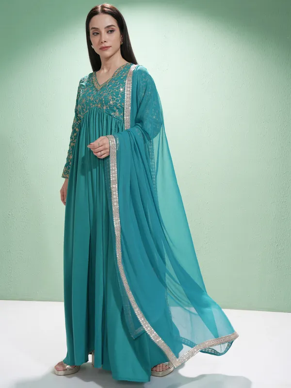 Vishudh Women Teal Embroidered Maxi Dress