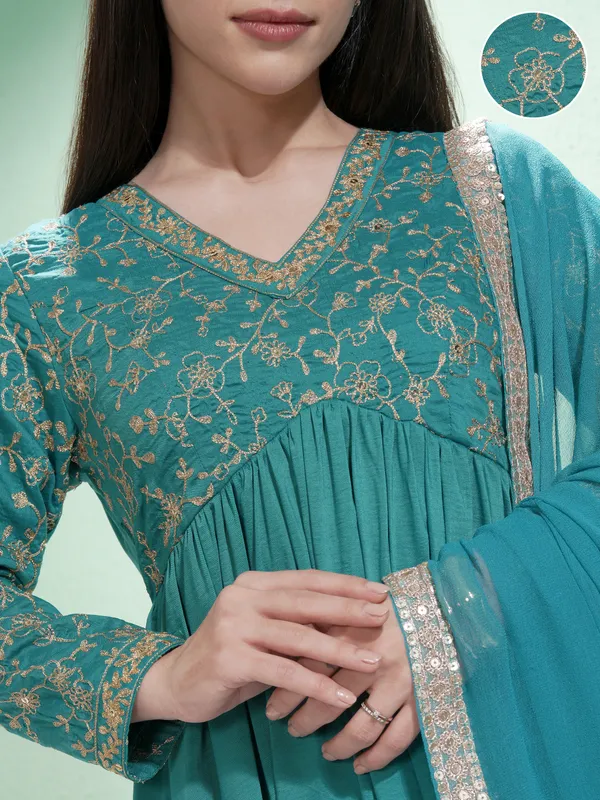 Vishudh Women Teal Embroidered Maxi Dress