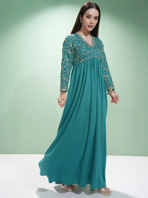 Vishudh Women Teal Embroidered Maxi Dress