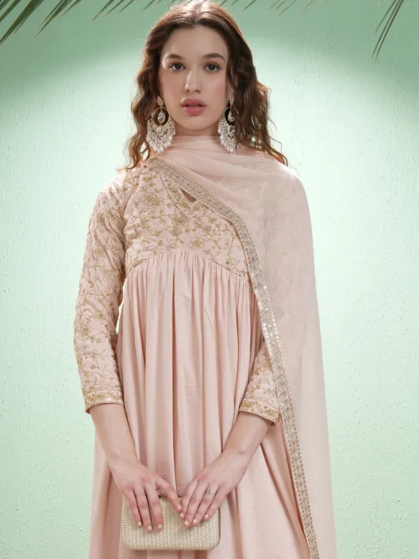 Vishudh Women Nude Embroidered Maxi Dress