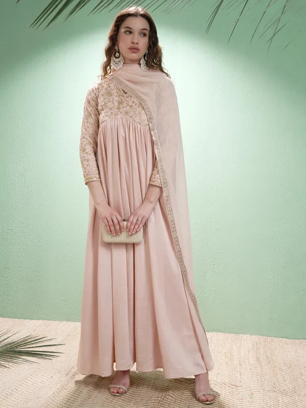 Vishudh Women Nude Embroidered Maxi Dress