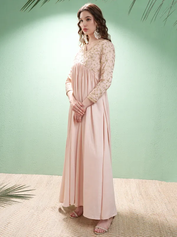 Vishudh Women Nude Embroidered Maxi Dress