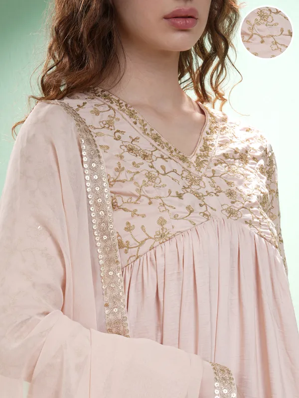 Vishudh Women Nude Embroidered Maxi Dress