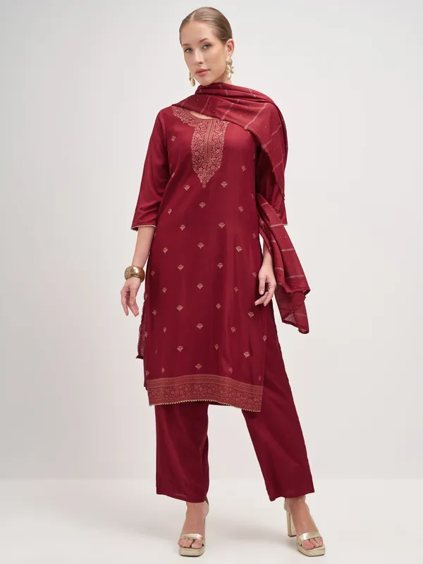 Vishudh Women Maroon Embroidered Kurta And Trouser With Dupatta