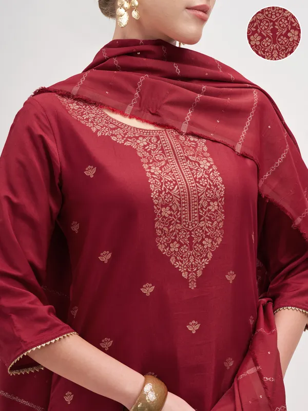 Vishudh Women Maroon Embroidered Kurta And Trouser With Dupatta