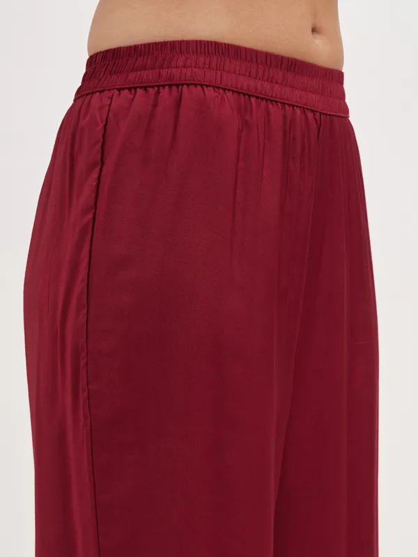 Vishudh Women Maroon Embroidered Kurta And Trouser With Dupatta