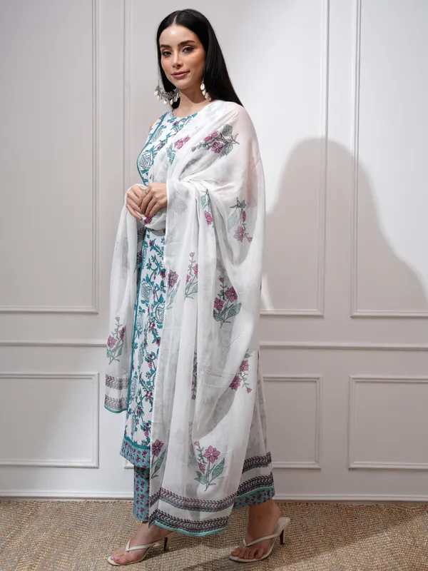 Vishudh Women White Kurta With Trousers And Dupatta
