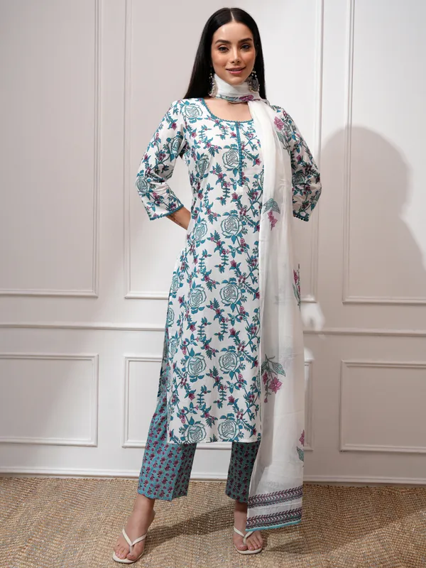 Vishudh Women White Kurta With Trousers And Dupatta